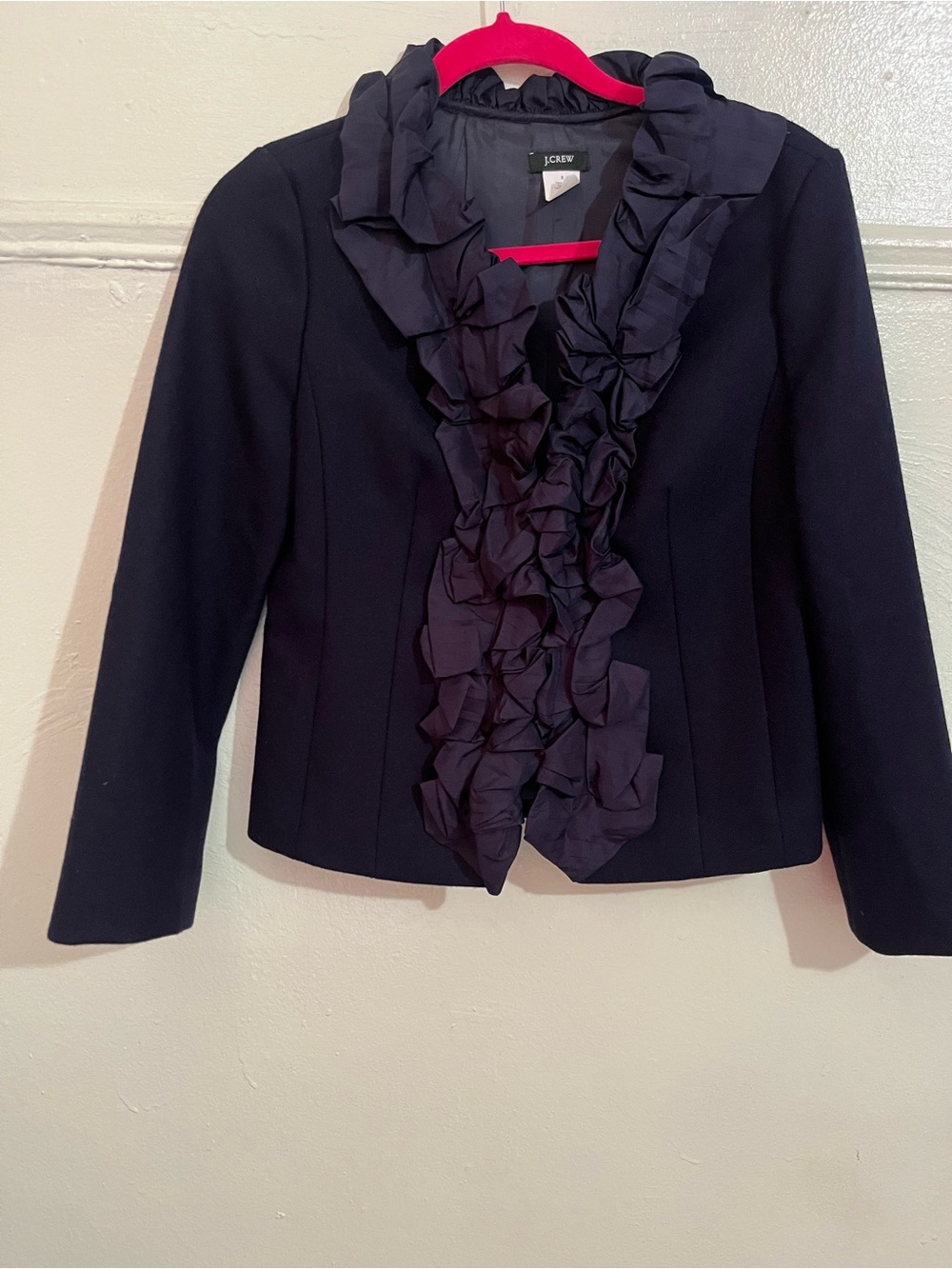 Vintage 2009 J. Crew Chimera Wool Navy Ruffle Front Women's Blazer